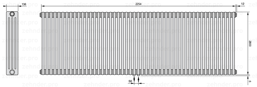 Схема (чертеж) Радиатор Zehnder Charleston 4280/49 №5410 Белый глянцевый RAL 9016